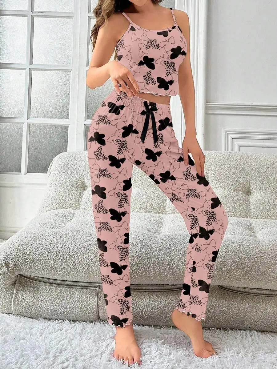 

Butterfly Print Camisole And Pants Pajama Set For Women Pink Comfortable Sleepwear