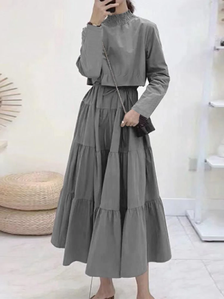 ZANZEA Elegant High Collar Ruffled Dress Casual Solid Color Robes Women 2024 Autumn Maxi Vestidos Party Holiday Cake Dresses