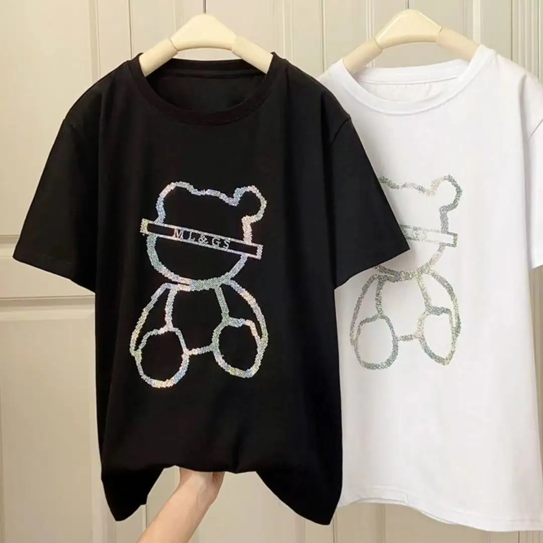 Heavy Rhinestone Fashion Short Sleeve T-shirt Women 2023 New Summer Korean Cartoon Bear Beaded Loose Mid-Length Pink Tshirt Top