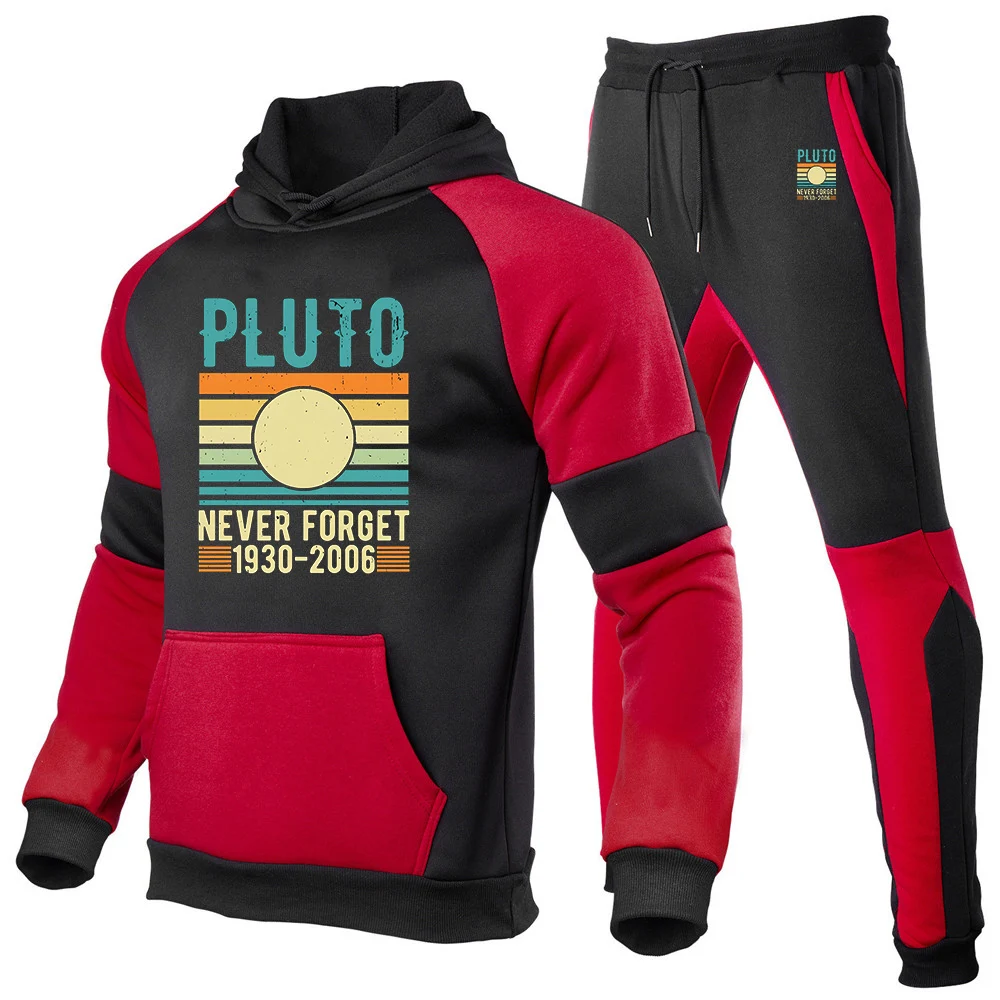 

2025 Men Never Forget Pluto Retro Style Print Patchwork Color Set Spring Autumn Hooded Pullover+Casual Sweatpants Sports Suit