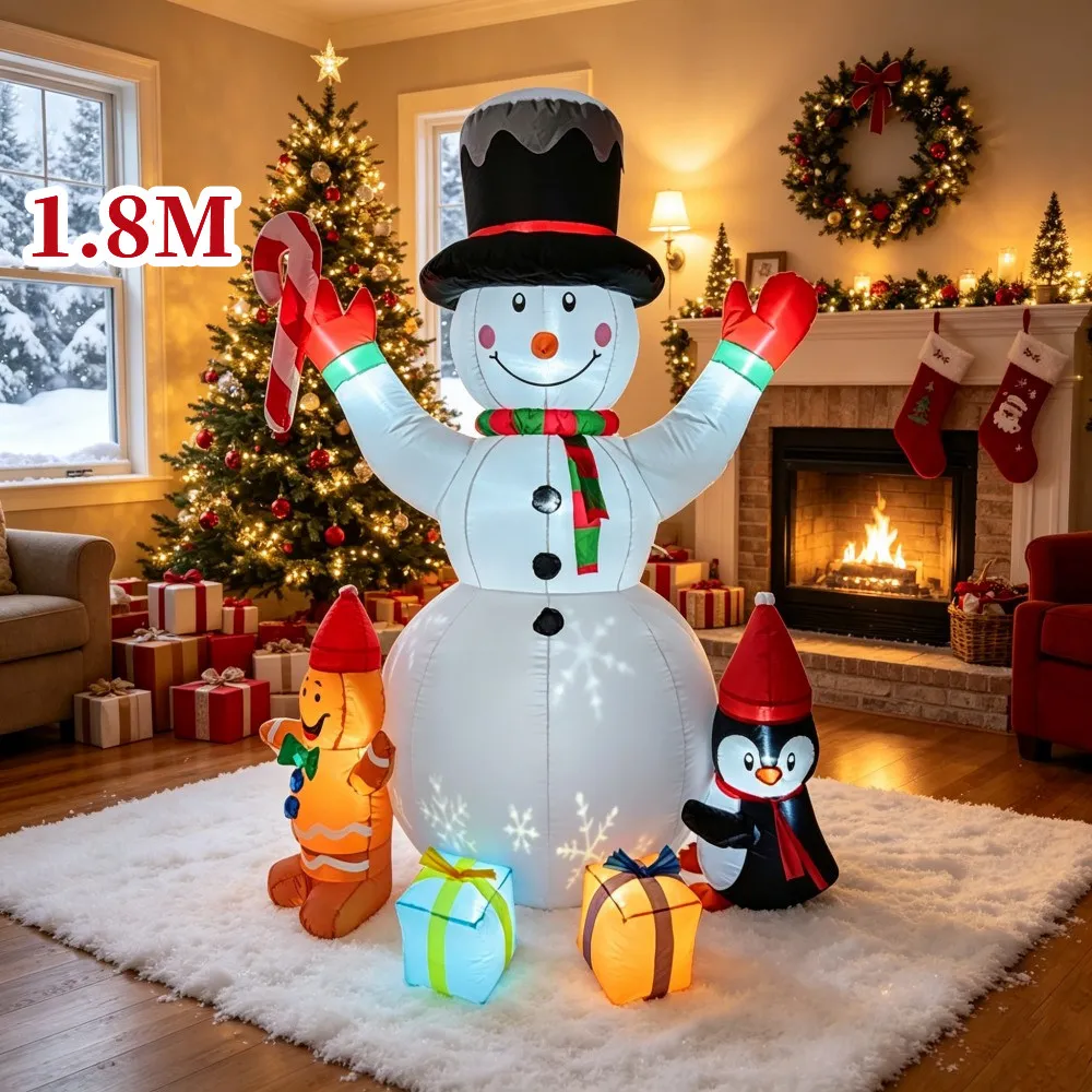 6FT Christmas Inflatable Snowman Gingerbread Penguin Gift Box Built-in LED Color Projection Suitable For Garden Lawn Decoration view 2