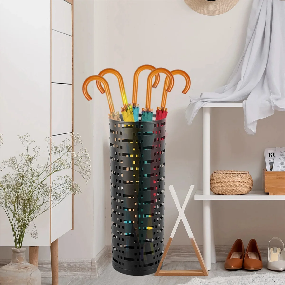 Umbrella Storage Rack Round Metal Umbrella Standing Holder Box Hollow Walking Sticks Storage Bucket, Black