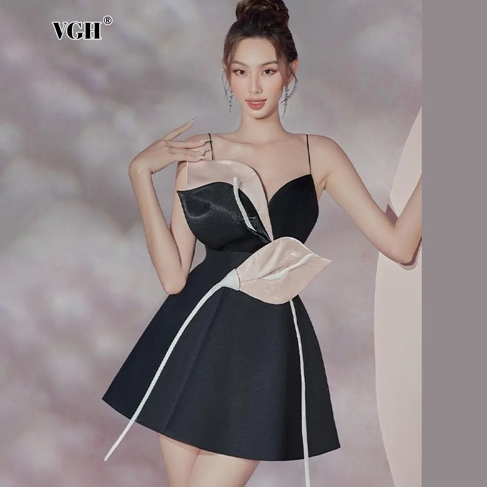 VGH Hit Color French Elegant Short Dresses For Women Square V Neck Sleeveless Backless High Waist Irregular A Line Dress Female