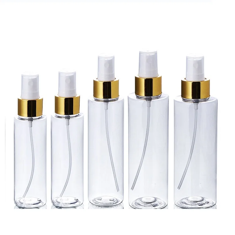 

Refill Bottles PET Glossy Gold Pump Cosmetic Atomizer Clear Plastic Empty Hair Mist Spray Bottle 100ml 120ml 150ml 200ml 250ml