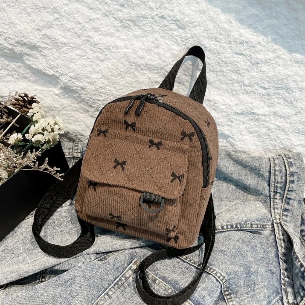 Casual Corduroy Mini Backpack Lightweight Bowknot Printed Shoulder Bag Korean Style Multi Layered Bow Rucksack Commute