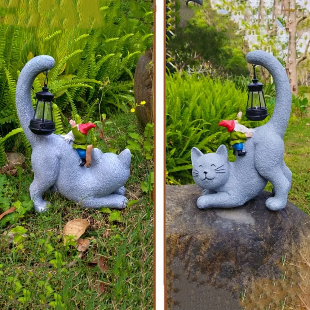 Resin Cat Elf Solar Ornament Creative Cute Animal Statue Light Waterproof Vivid Garden Figurines