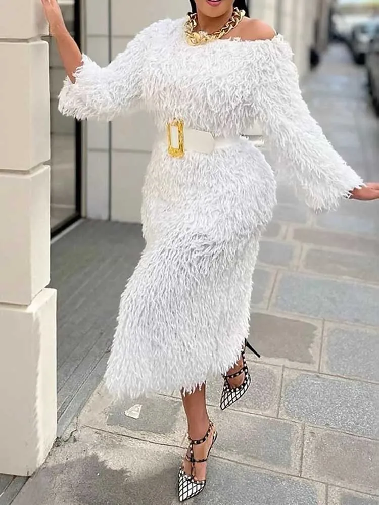 Vestido de noite de inverno feminino manga longa fora do ombro branco vestidos elegantes com cinto chique vestido de pele sintética atacado dropshipping