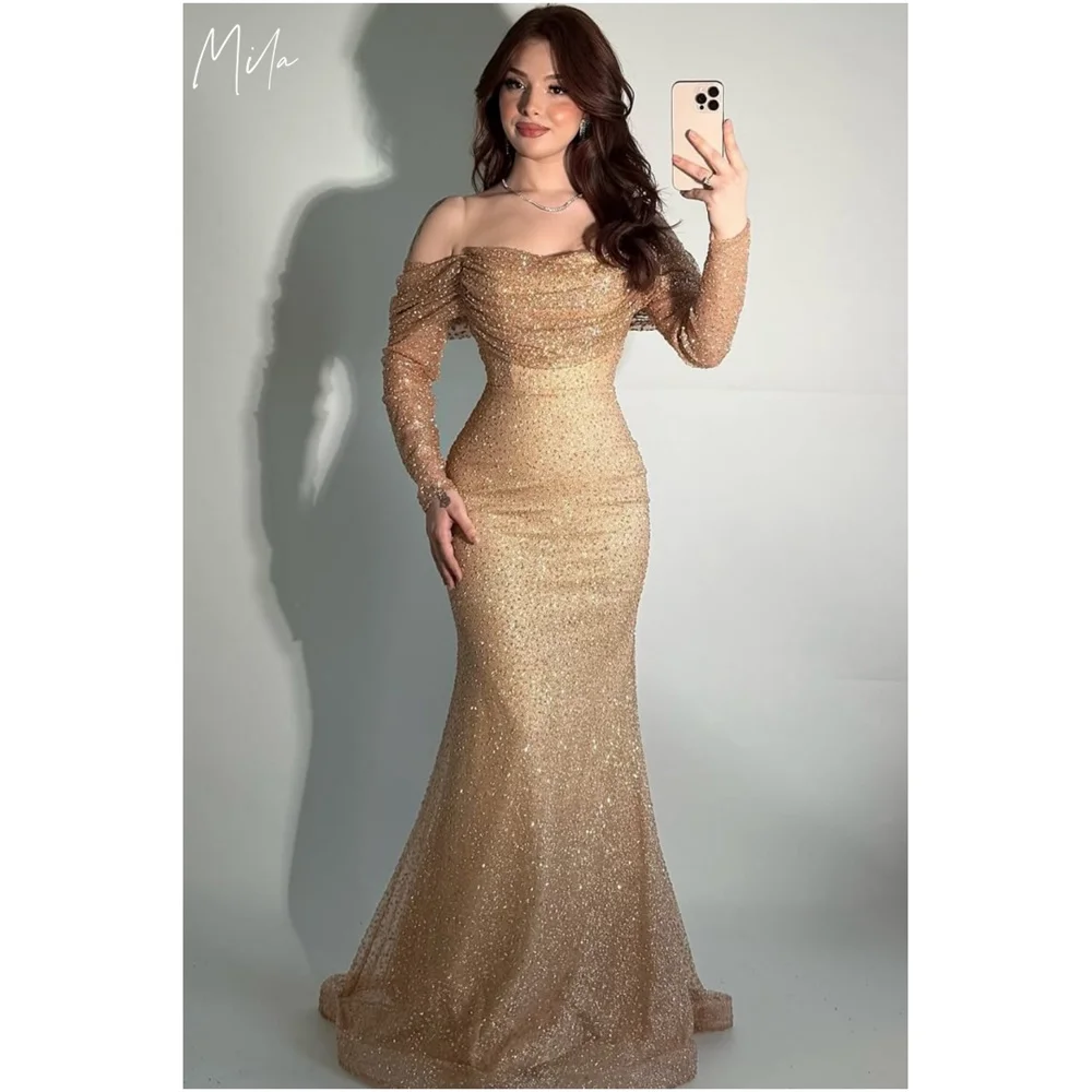 

Mila Off the Shoulder Prom Dress Long Sleeve Zip Customized Luxurious Women Evening Dresses Beaded Mermaid vestidos de fiesta