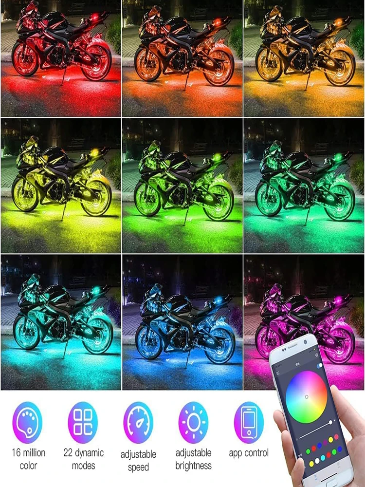 8-teiliges RGB LED Motorrad-Unterbodenbeleuchtungsset, Ambiente-Beleuchtung für Autos, Fußraumbeleuchtung mit App-Fernbedienung, Flexibel, 12V