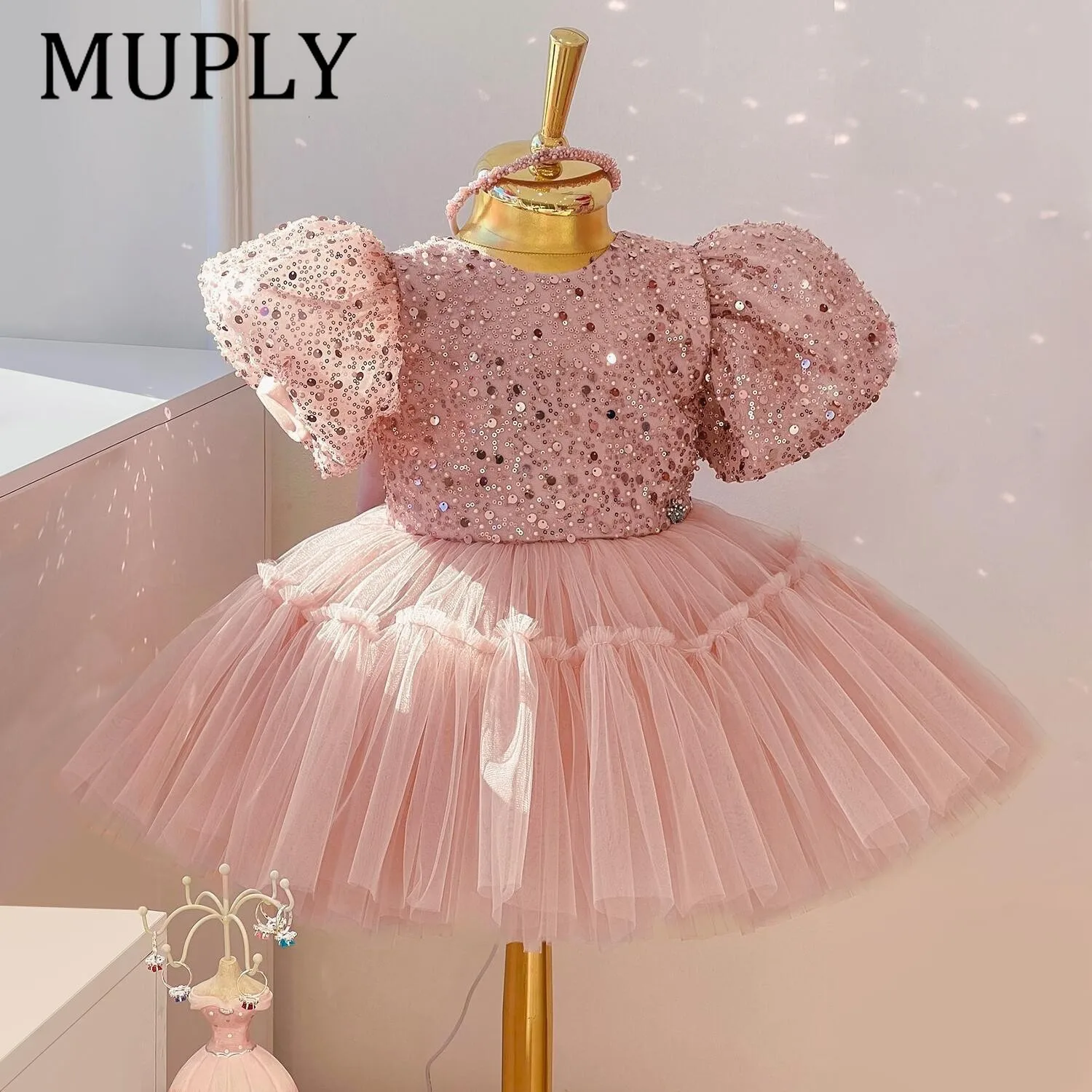 

Pink Sequined Baby Party Dresses Sweet Bow Girls Princess First Birthday Party Tutu Ball Gown Tulle Evening Vestido 6M-8 Years