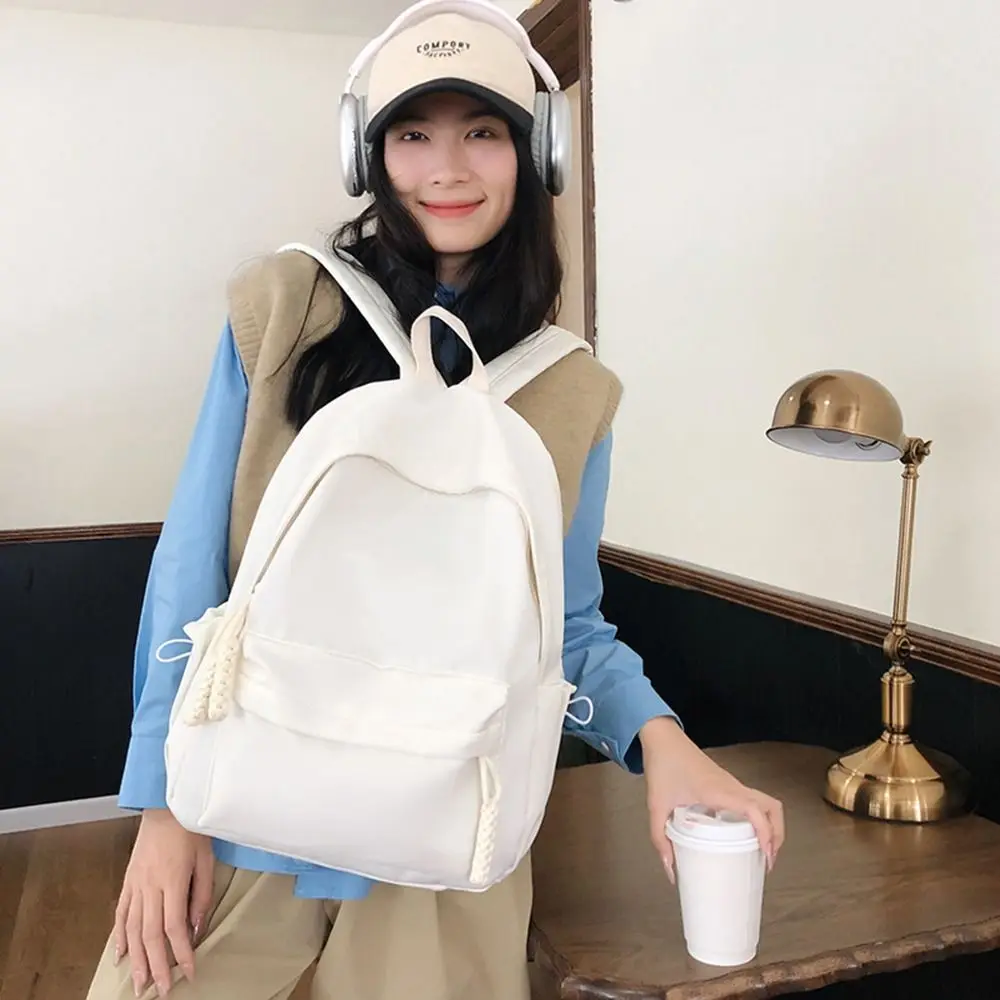 Portable Nylon School Shoulder Bag Solid Color Large Capacity Schoolbag Adjustable Backpack for Students