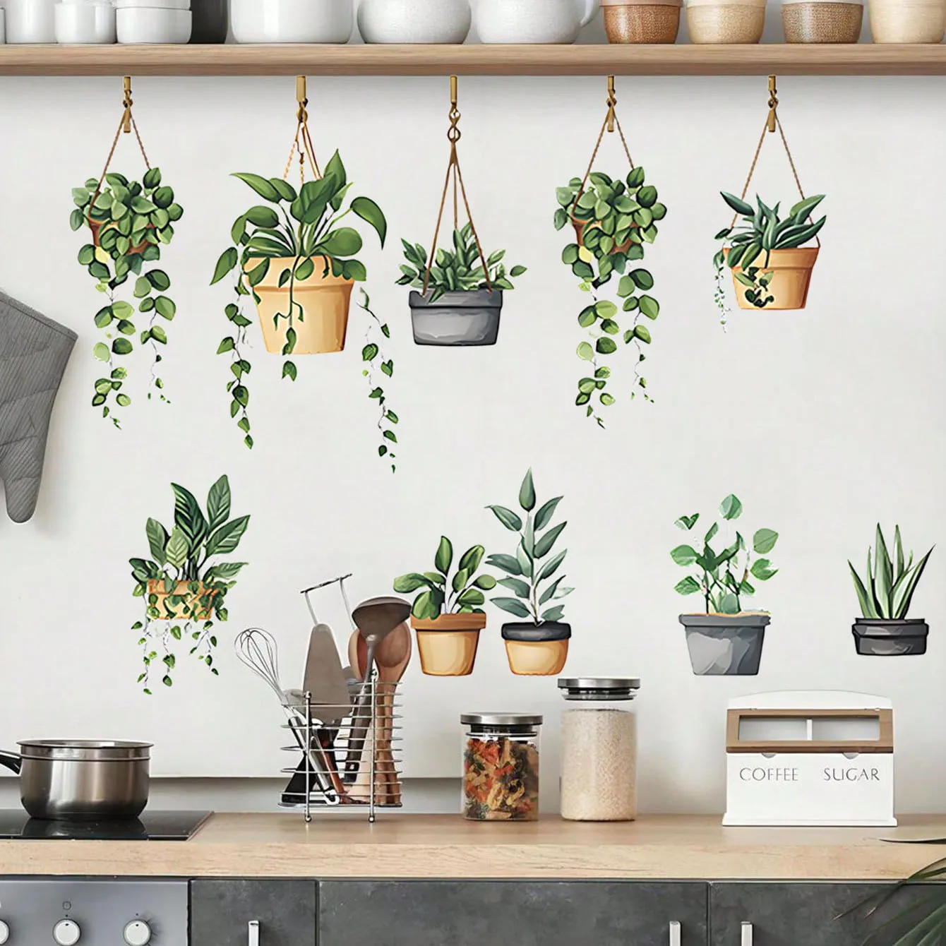 Hanging Green Potted Plant Wall Stickers Tropical Botanical Plant Wall Decal for Bedroom Living Room Office Kitchen Wall Art view 2