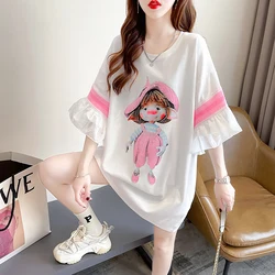 Cotton Short Sleeve T-shirt Women's Summer 2024 Mesh Cuffs Hot Diamond Round Neck Top Loose Women's Tees