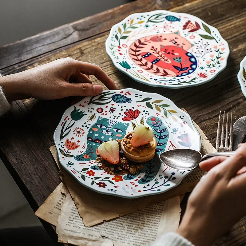 8 -inch Cartoon Ceramic Plate Circular Home Kitchen Supplies Suitable for Dessert/bread/fruit/snack/steak