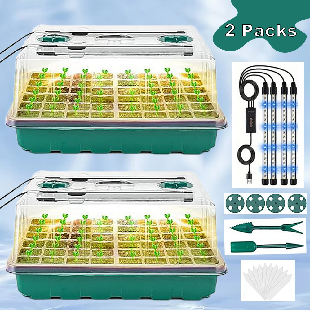 

Seed-starting trays with grow lights, two packs of 96-compartment smart timer seedling pots with humidity shields and air vents