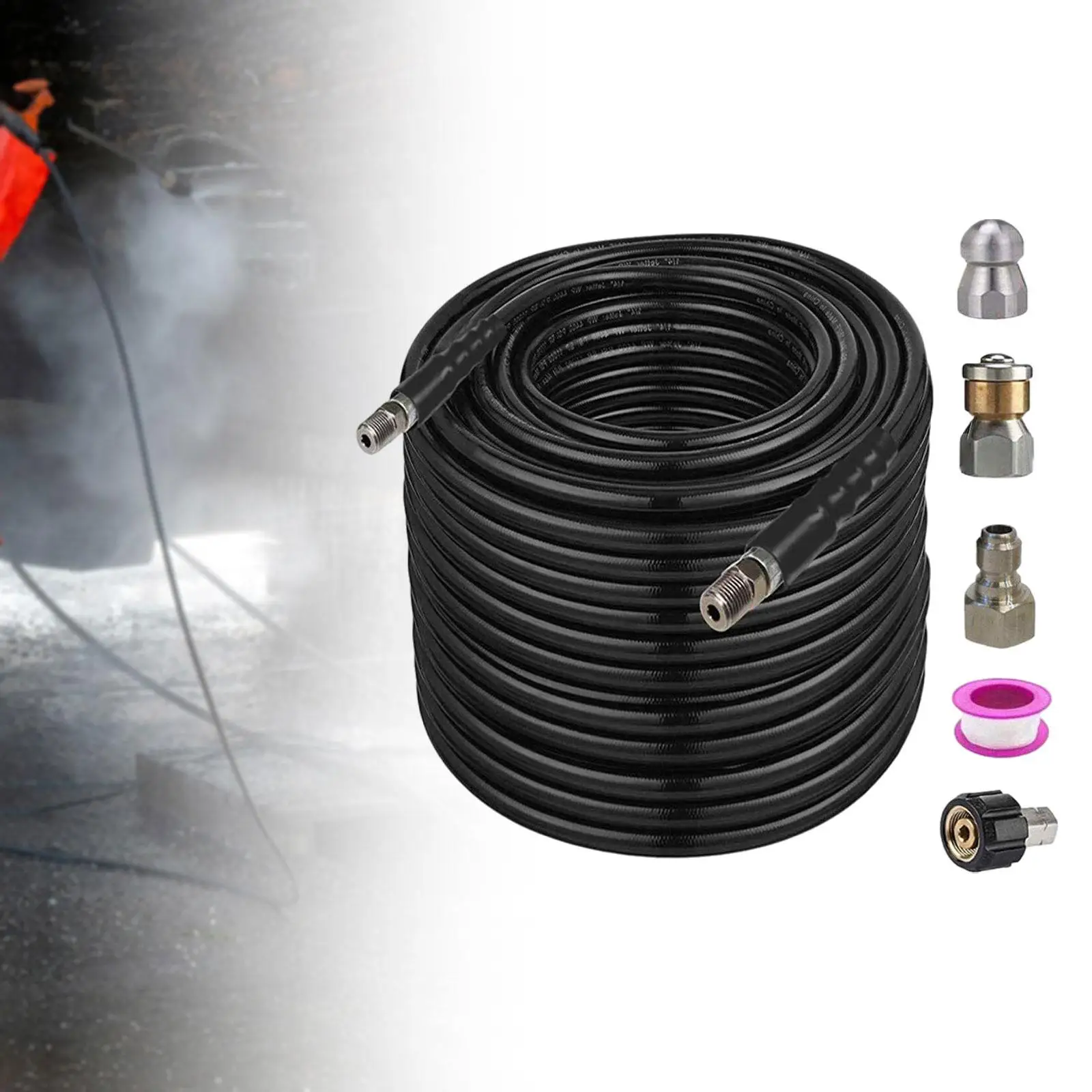 

Pressure Washer Sewer Jetter Kit 100 Feet Hose Accessories with Waterproof Tape 1/4inch NPT Corner for Outdoor Indoor Sturdy