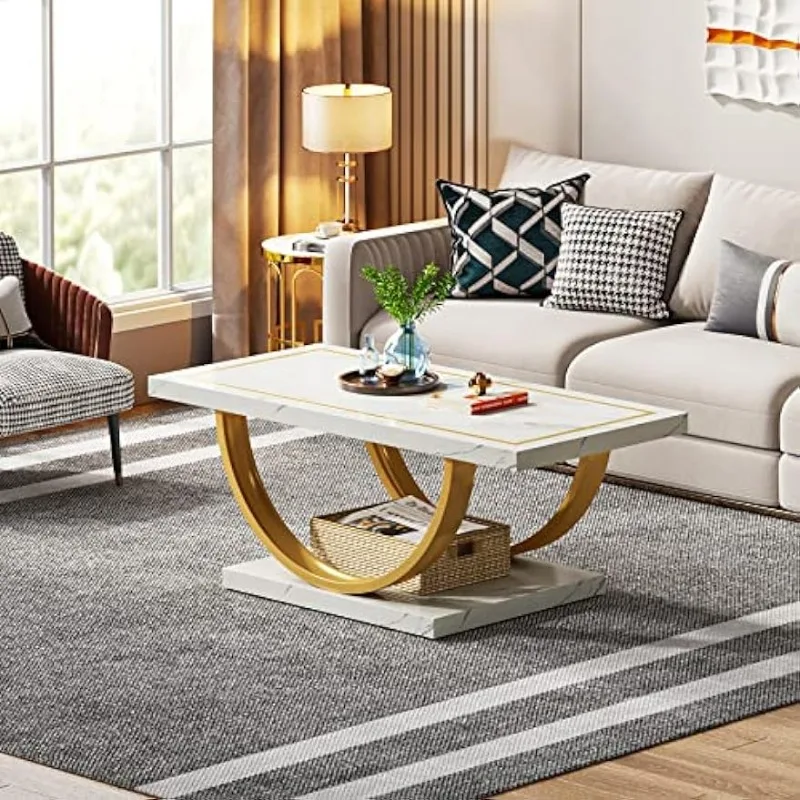 Modern Coffee Table Faux Marble White Gold Rectangle Coffee Table for Living Room, Engineered Wood Table