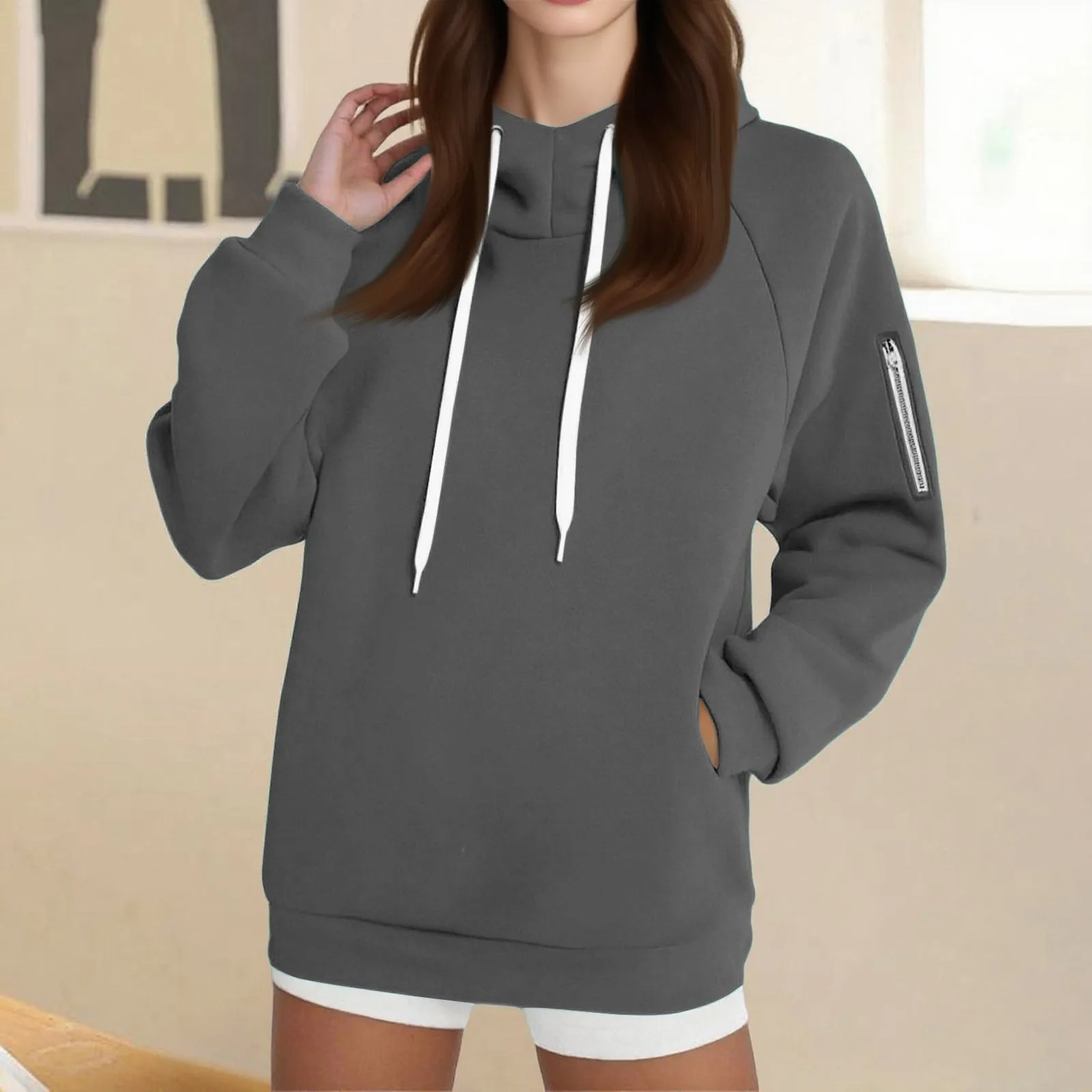 Sweater Hoodie Wanita Oversize Lengan Panjang Resleting Tali Serut Warna Solid Sudaderas De Mujer Pakaian Wanita 2025
