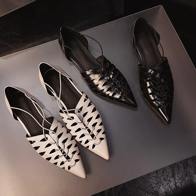 

Summer Women Sandals Genuine Leather Shoes for Women Pointed Toe Low Heel Shoes Narrow Band Cover Toe/Heel Modern Sandals