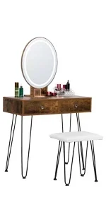 Industrial Vanity Set with 3-Color Lighted Mirror, Acrylic Makeup Organizer, Dressing Table  PU Cushioned Stool