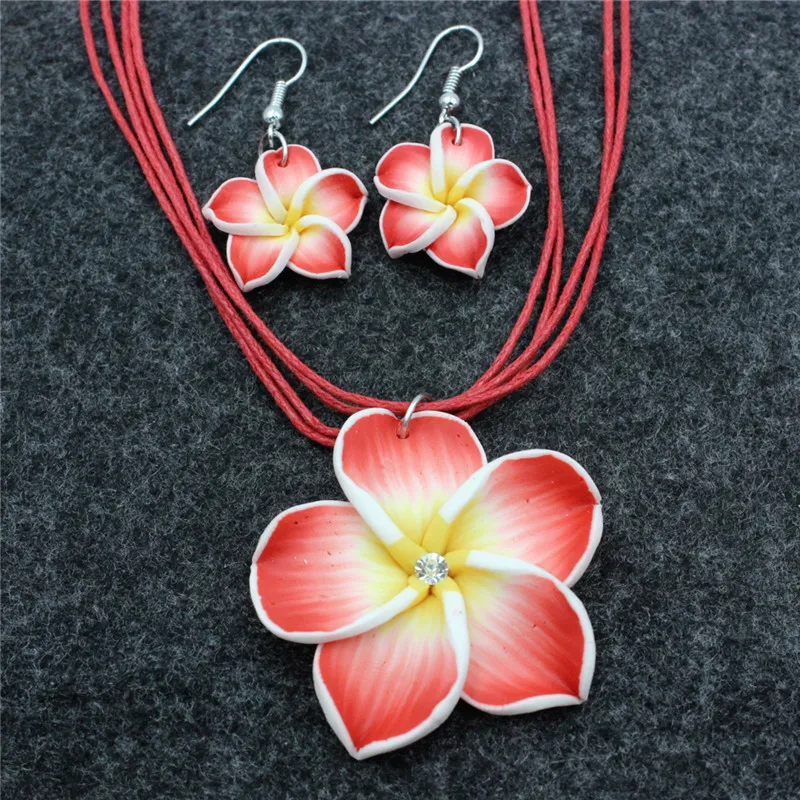 Lovely Girl Women Fimo Polymer Clay Flower Jewelry Sets Bohemia Fimo Plumeria Flowers Earrings Necklace Jewerly Gift