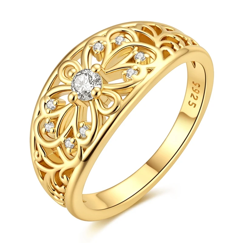 Originaler Ring aus 925er-Sterlingsilber, vergoldet, mit durchbrochenen Ranken, für Damen und Mädchen, Schmuck, Geburtstag, Jahrestag, Geschenke