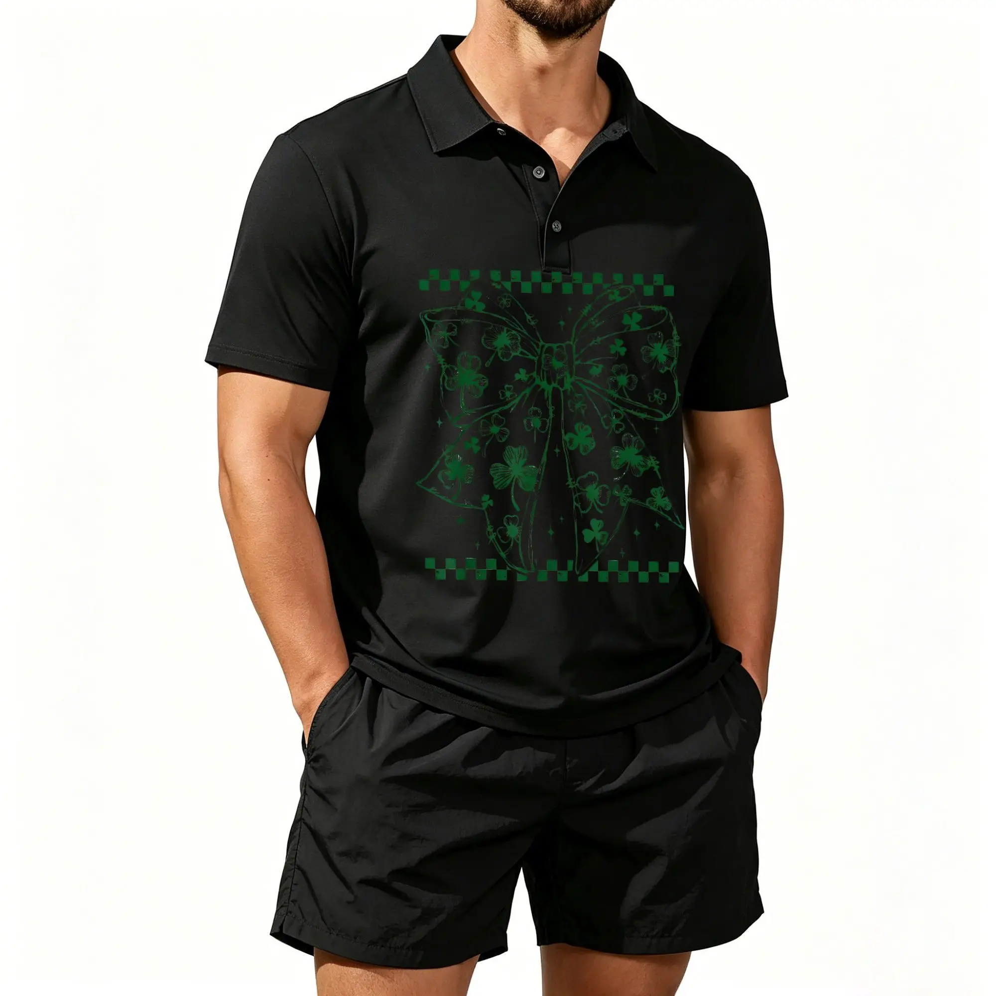 Men's Short-Sleeved Polo Shirt Set, St. Patrick's Day Style, with a Playful Bow and Lucky Shamrock Irish Bow Design, Suitable for Everyday Wear and Outdoor Activities. Breathable, Soft, and Machine Washable.