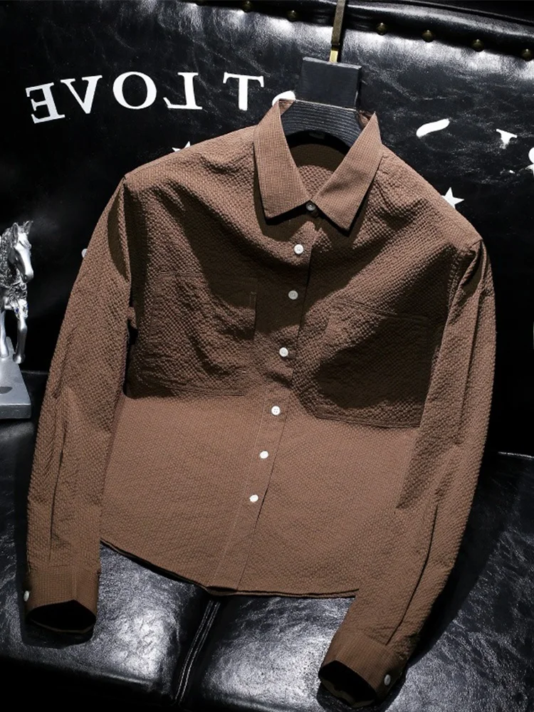 

Casual Loose Fit Coffee Colored irt Bubble Texture Fabric No Ironing Required Spring Autumn Faionable Korean Sle irt