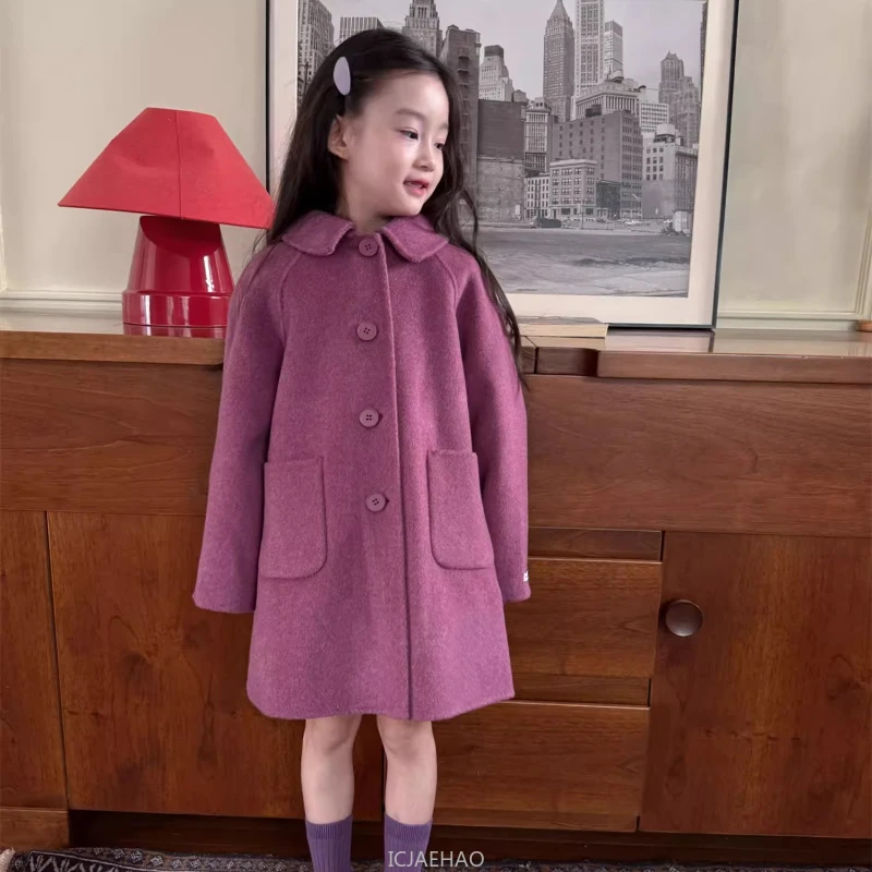 Teen Girl Clothes 2025 Children Vintage Wool Double Faced Girls Pink Purple Coat Kids Handmade Elegant Outerwear Costume Autumn
