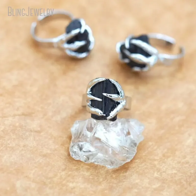 10pcs Claw Black Tourmaline Crystal Gemstone Women Adjustable Ring Goth Witch Boho Talisman Jewelry