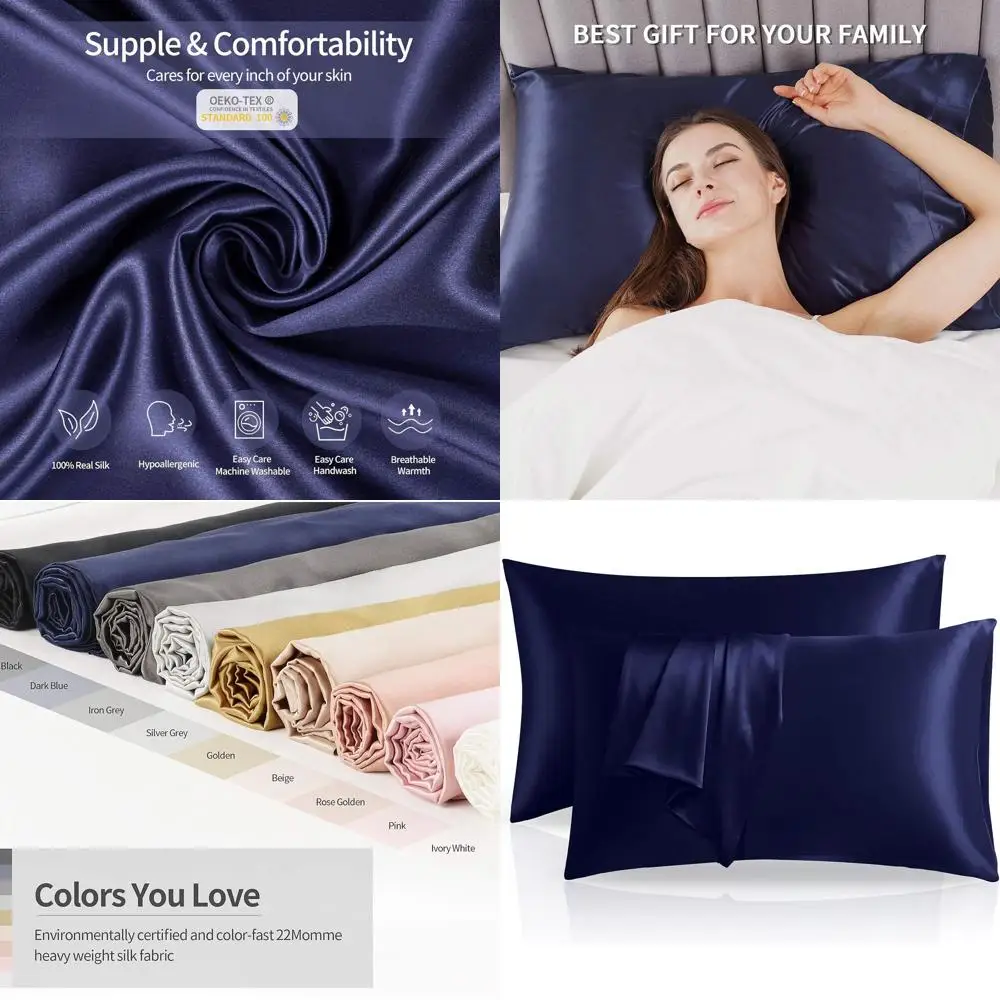 أغطية وسائد من حرير التوت النقي بنسبة 100% من كوين آند كينج - درجة 6A، 22 م، للعناية بالشعر والبشرة، أزرق، عبوتان