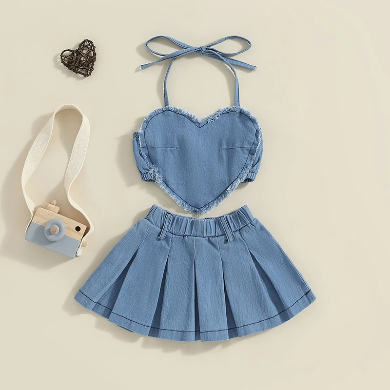 Toddler Girls Denim 2Pcs Skirts Clothing Suits Fashion Summer Sleeveless Halter Neck Heart Camis Pleated Skirt Set Clothes