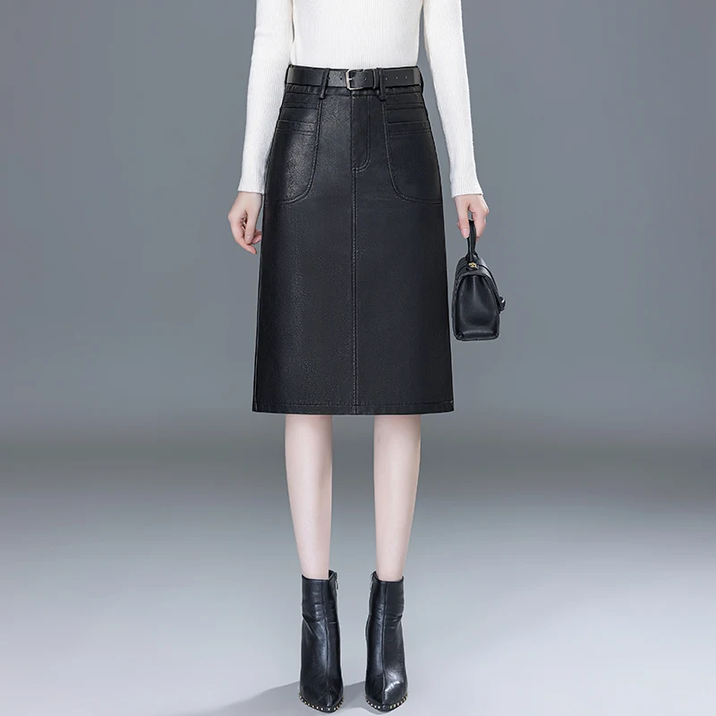 

High Waist Mid-Length A-Line Skirt Women's PU Leather Wrap around Skirt Slimming Busin Casual Sle Spring Autumn New Arrival