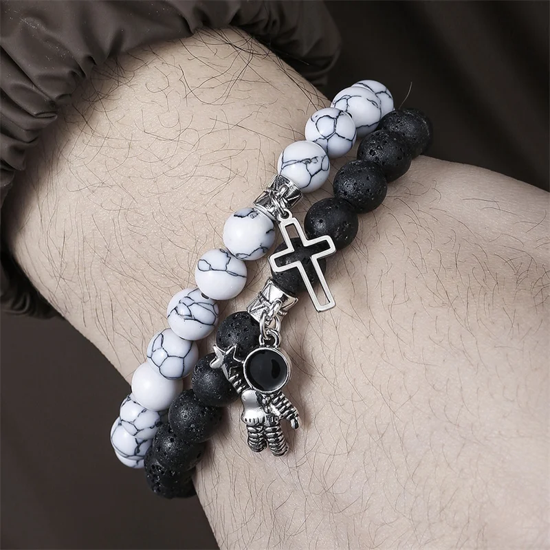 2Pcs/Set Classic Design White Pine Matte Stone Cross Astronaut Yoga Beaded Bracelet Two-piece Sets Elastic Rope Jewelry