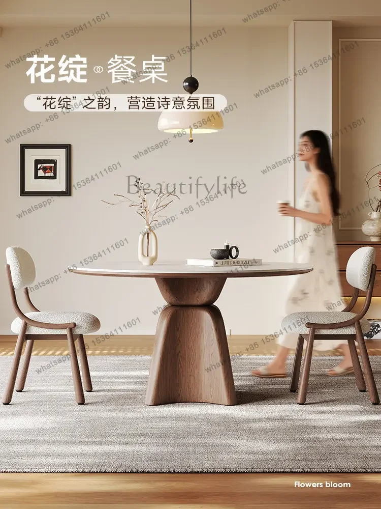 yj9 Medieval solid wood dining table Round household Italian light luxury wabi sandy wind full support matte rock slab dining ta