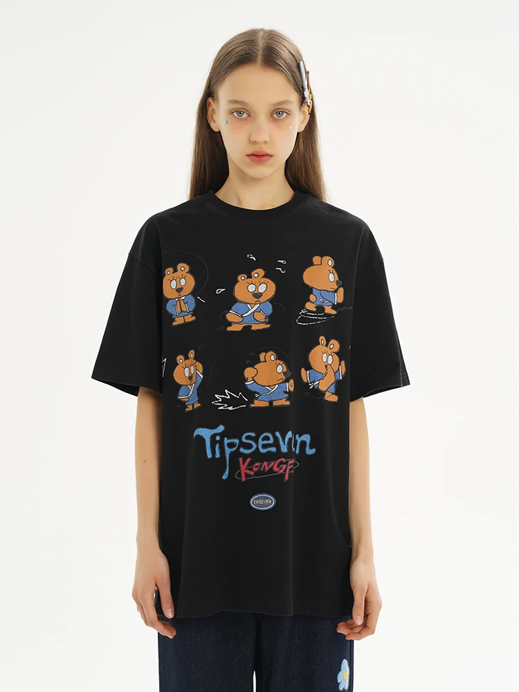 TIPSEVEN Original Design Cute Kung Fu Bear Print round Neck Short Sleeve T-Shirt Cotton Casual Loose Fit Spring Summer T-Shirt