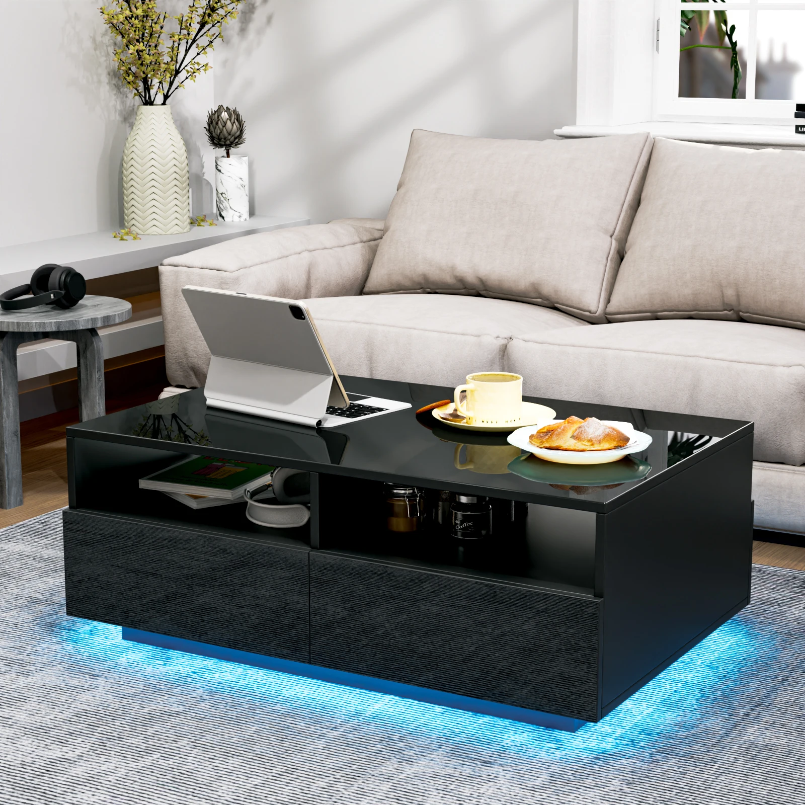 Coffee Table with Remote or App Control Built-in Power 16 Color RGB LED Light 4 Drawers 2 Storage Compartment Cocktail Tea Table