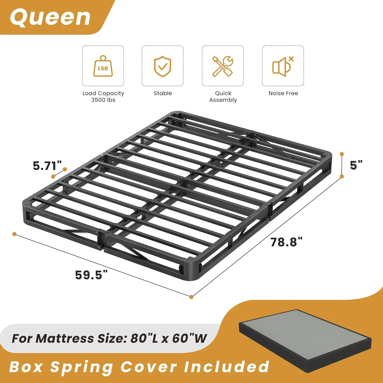 5 Inch Low Profile Queen Box Spring Base Cover, 3500 lbs Heavy Duty Metal Foundation Round Corner Noise Free Assembly, Customize
