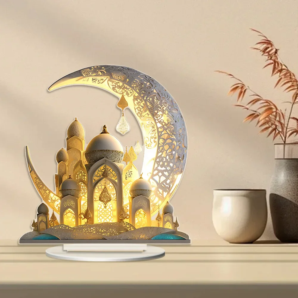 Ramadan Decor 2D Acrylic Moon Castle Decoration with Base Tabletop Centerpiece for Home Living Room Office Bookshelf