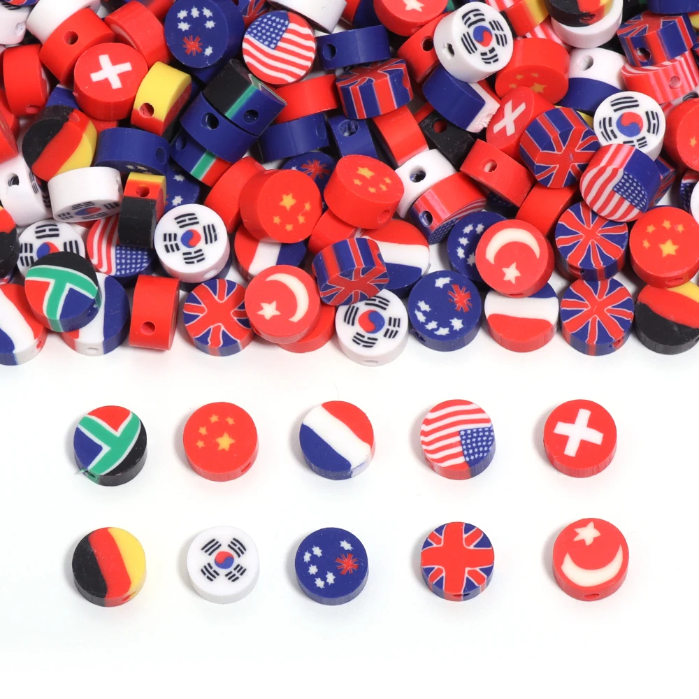50pcs Polymer Clay Beads Color Flat Round National Flags Loose Bead for DIY Handmade Bracelets Necklace Accessories Wholesale