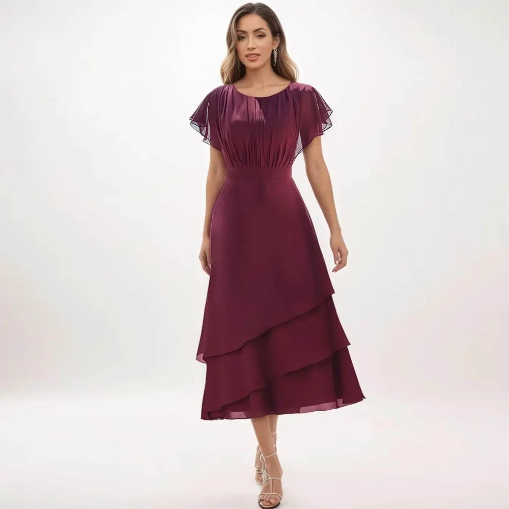 Customized Tea Length Mother of The Bride Dresses for Women Flutter Sleeves Ruffle Chiffon Formal Wedding Party Dresses