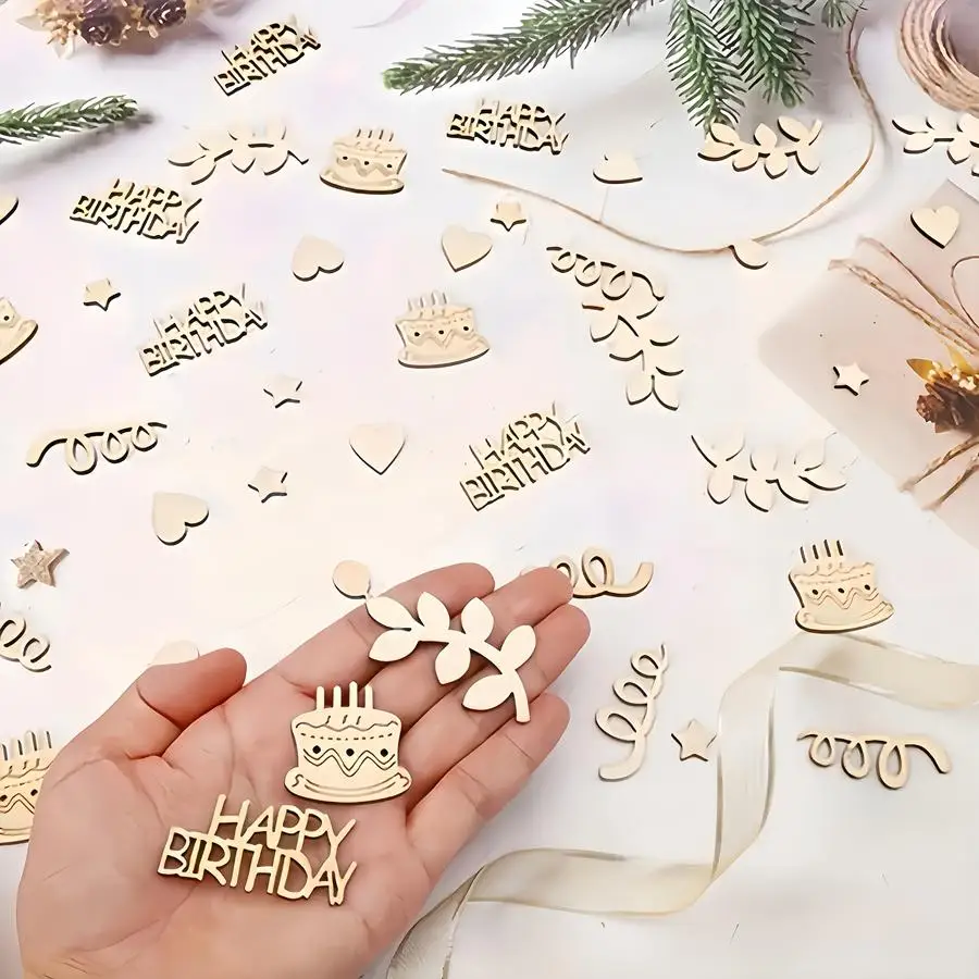 1/5/10/20/50/100pcs Wooden Decorations, Mini Hearts, and Leaves for Cakes; Wooden Star Shavings; Materials for DIY Crafts; Birth