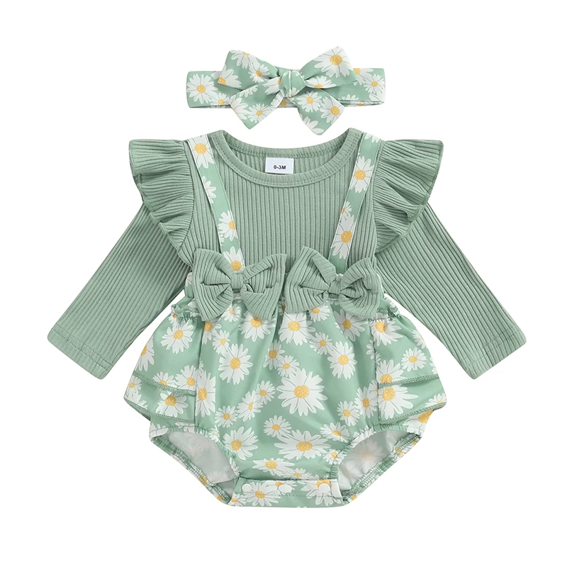 

Newborn Baby Girl Clothes Infant Bow Ruffled Trim Ribbed Long Sleeve Floral Print Romper Bodysuit with Headband Fall Winter