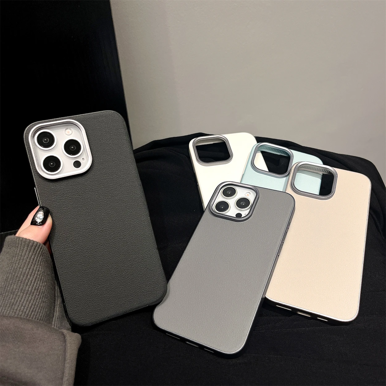 Luxury Minimalist Plain Leather Metal Lens Protect Frame PU Phone Case for iPhone 15 14 Plus 13 Pro Max Black White Back Cover