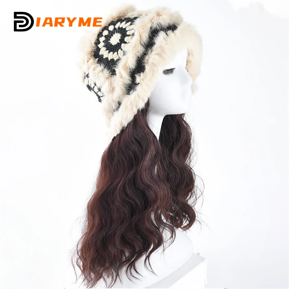 Synthetic Knitted Hat Wig Beanies Hat With Hair Wigs For WomenLong Wavy Hair Warm Soft Ski Knitted Autumn Winter Cap Wig Female