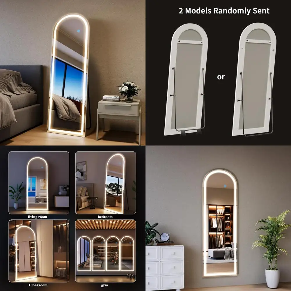 フルレングスLEDフロアミラー 63x20cm 調光機能付き、3色モード、アーチ型、自立式リーンインミラー