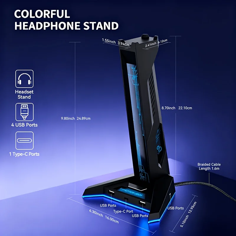 2 IN 1 USB Hub RGB Gaming Headphone Stand,  3 USB-A and 1 Type-C Port, Multi-Color Light Anti-Slip Base for PC Gamer Desk Decor view 2