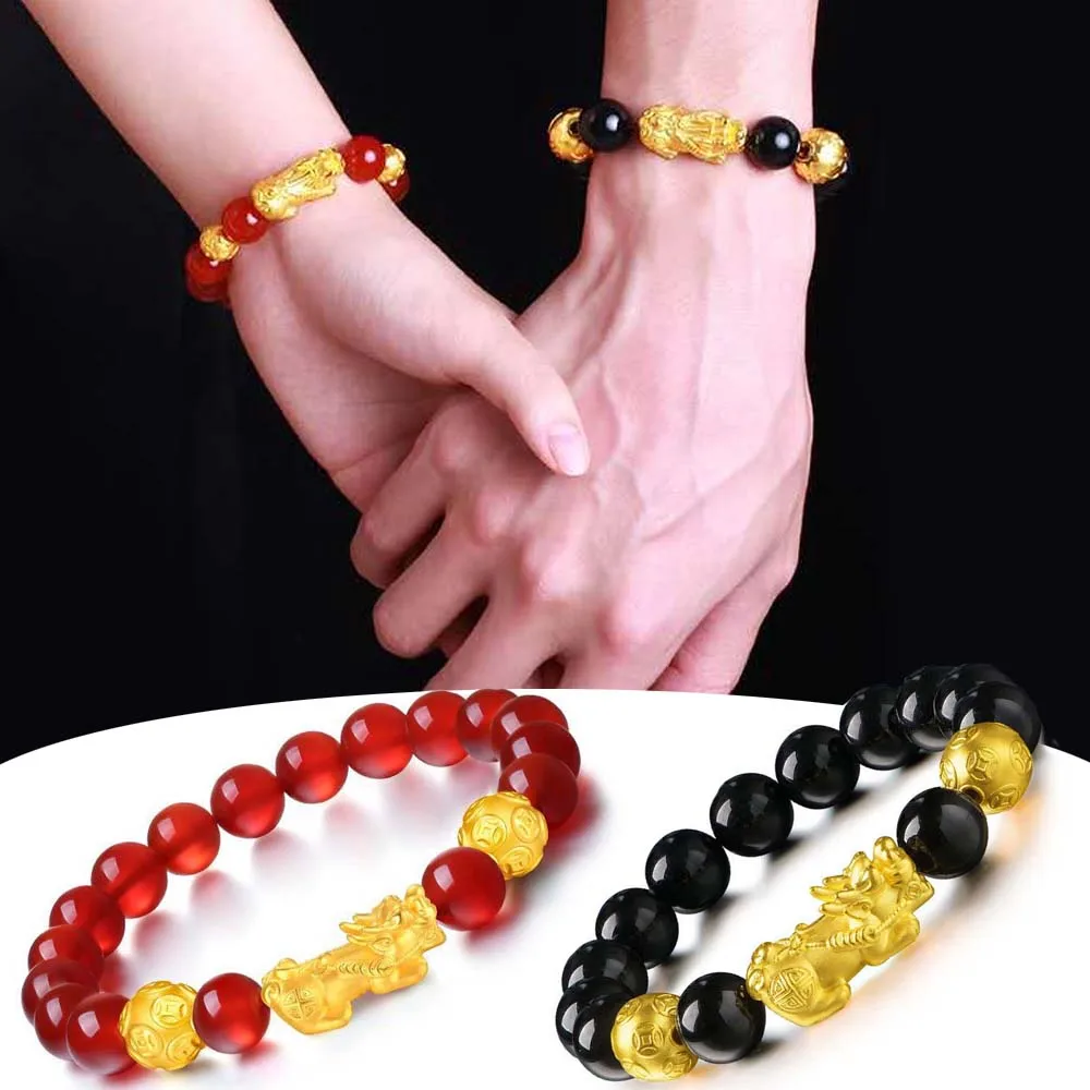 Fashion Jewelry New Men Attract Wealth Feng Shui Pixiu Good Luck Bangle Wristband Bracelets Obsidian Stone Beads