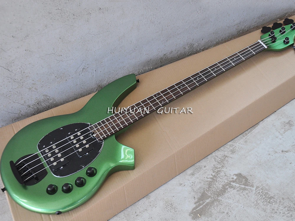 4 Strings Metal Green Electric Bass Guitar with Rosewood Fretboard,Active Circuit,24 Frets,Black Pickguard