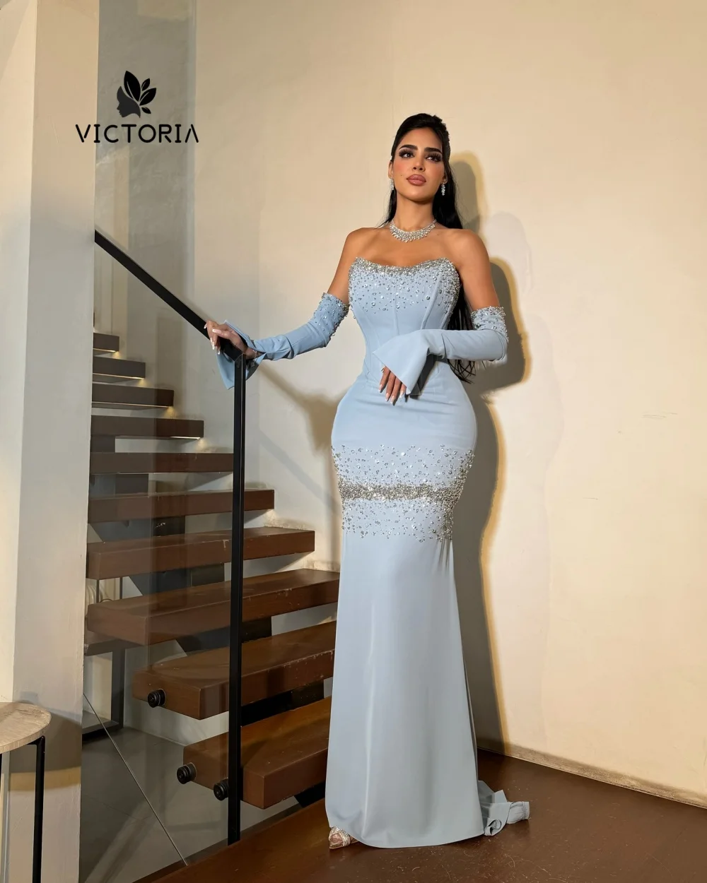 

Sky Blue Prom Dresses 2025 With Gloves Shine Sequins Evening Dresses Elegant Floor-Length Customized Party D Customized